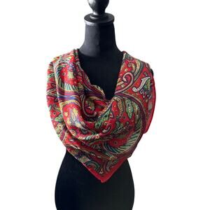 Paisley Scarf w Magnetic Clip Red Green Gold 27x26